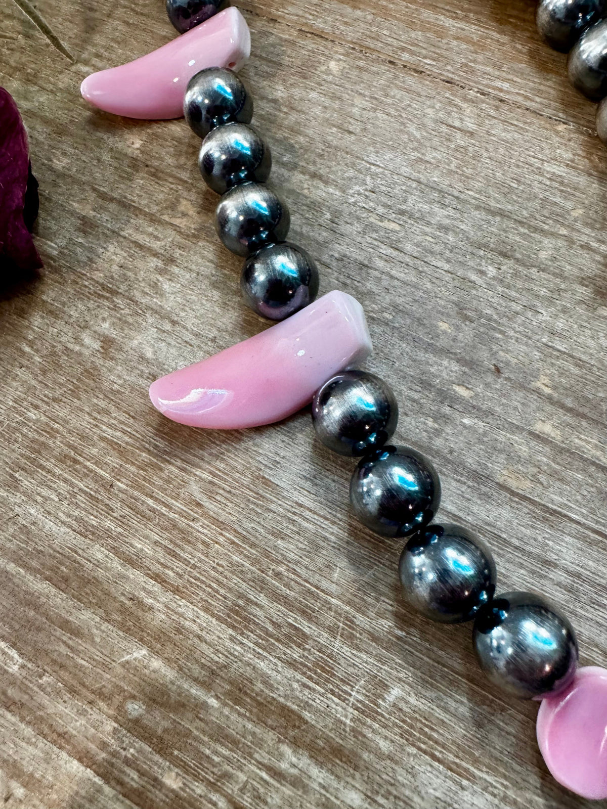 NFR Collection Necklace – 8mm & 14mm Sterling Silver Pearls with Pink Conch Shell – 23"