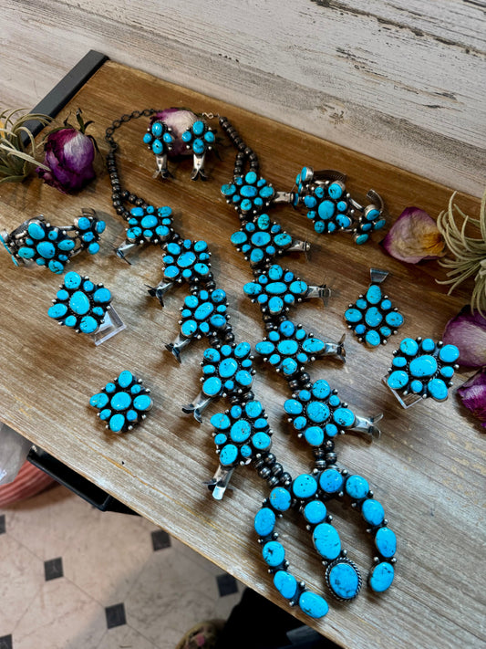 Complete Squash Blossom Set – Kingman Turquoise – Sterling Silver – Navajo Made by Wilson Dawes
