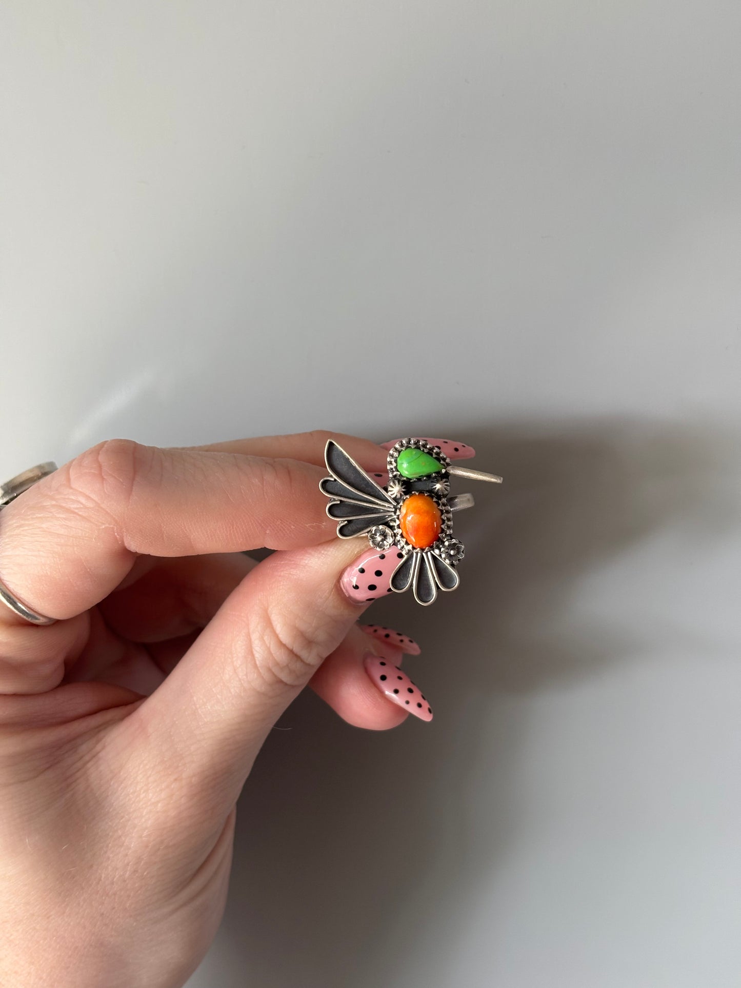 Green & Orange Hummingbird Ring-Adj.