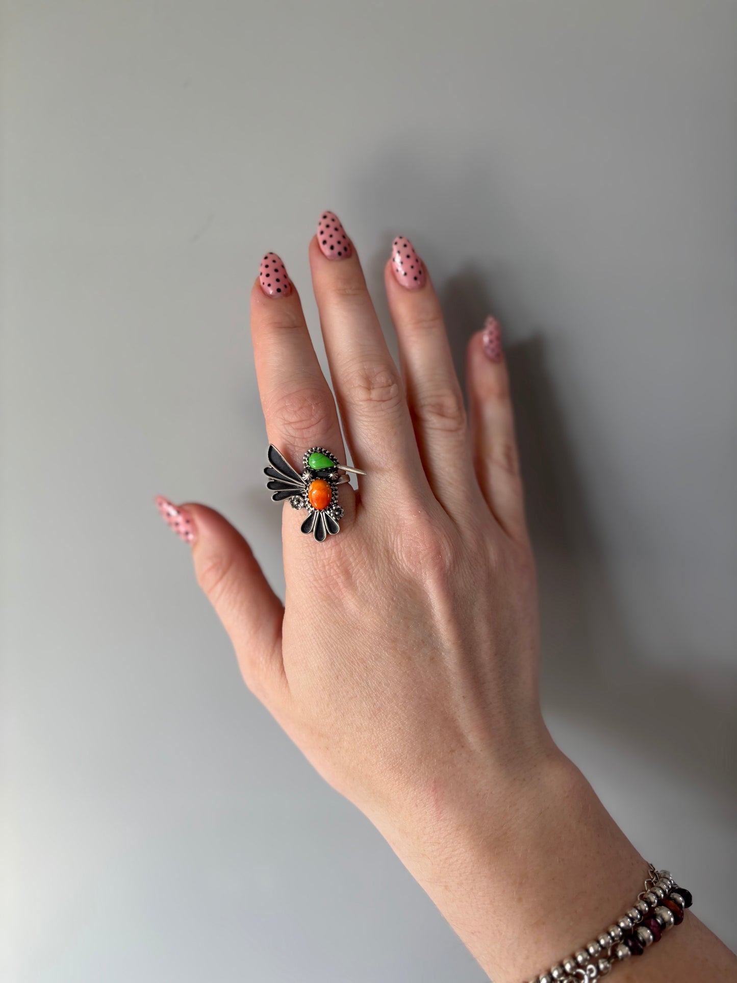 Green & Orange Hummingbird Ring-Adj.