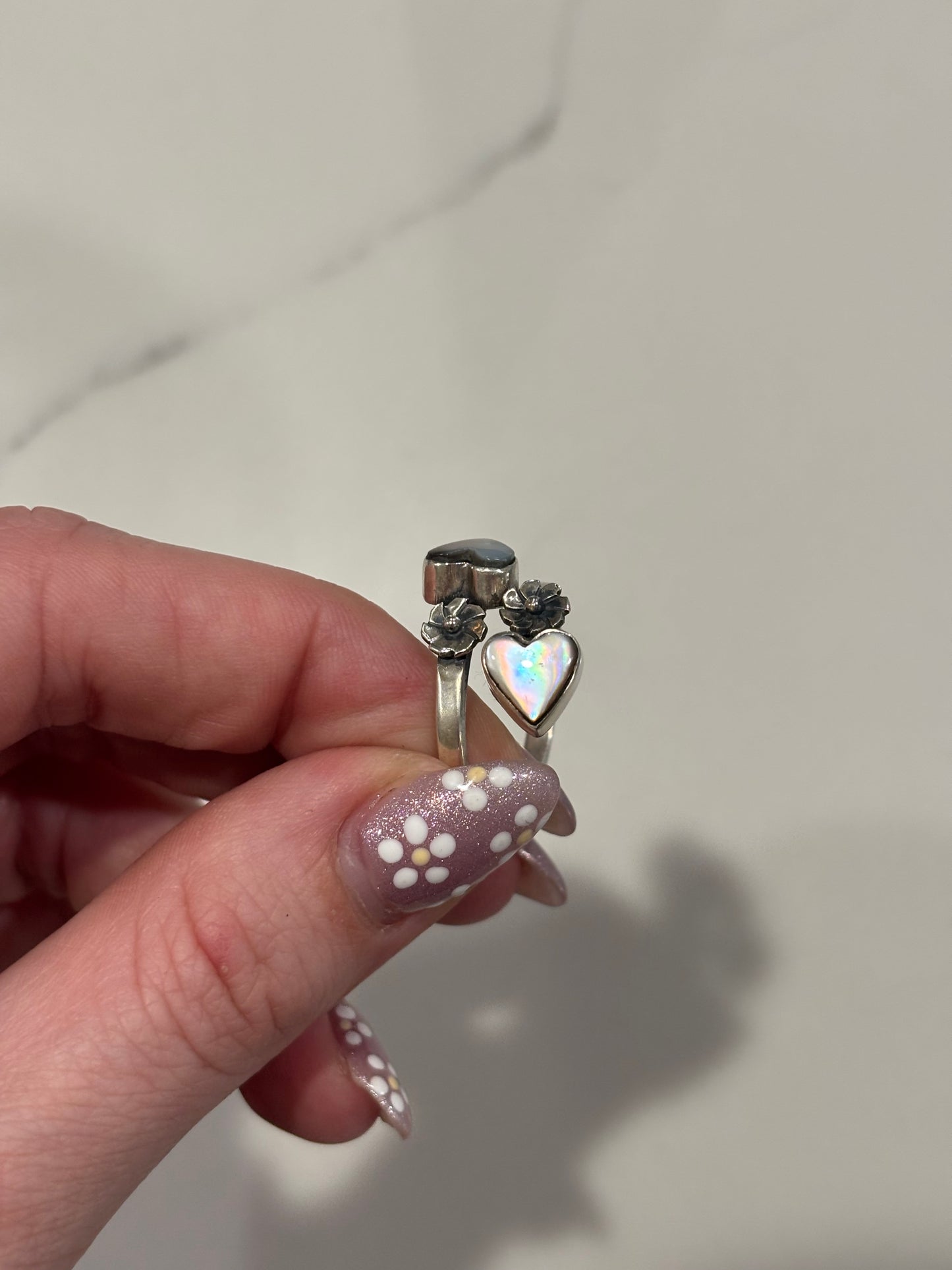 White Abalone Heart Ring- Adjustable