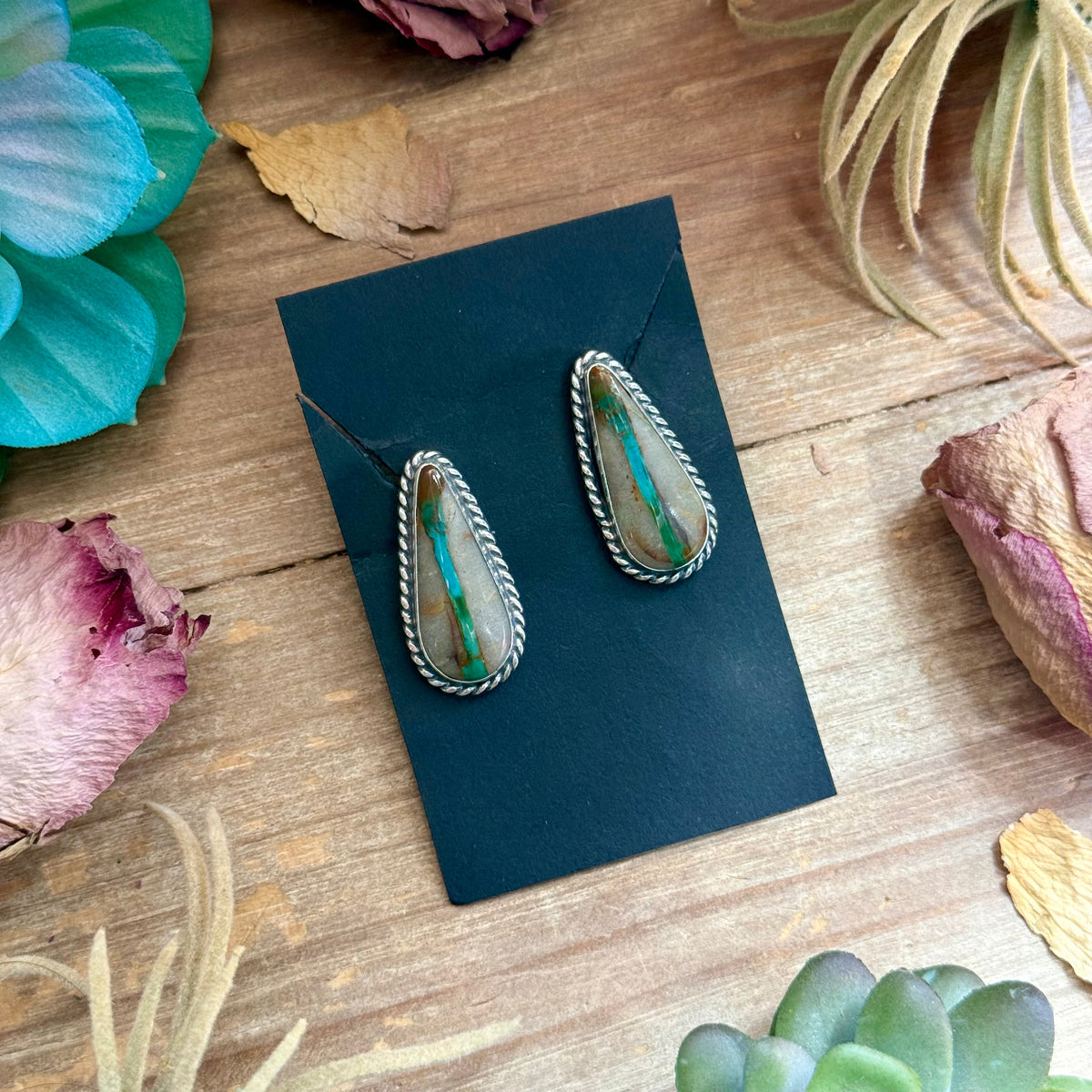 15 - Sterling Silver Ribbon Royston Turquoise Stud Earrings by Jason Ogg