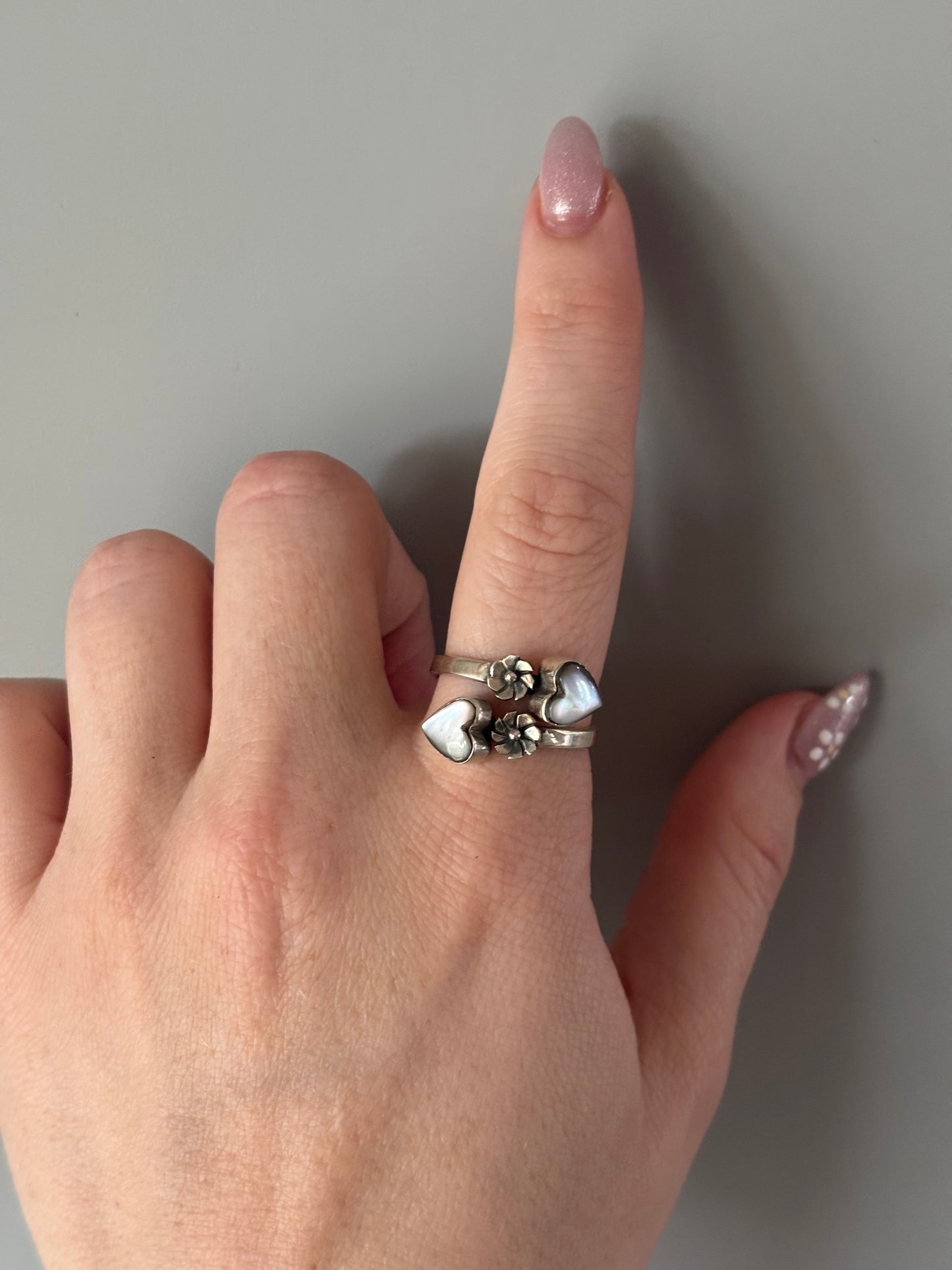 White Abalone Heart Ring- Adjustable