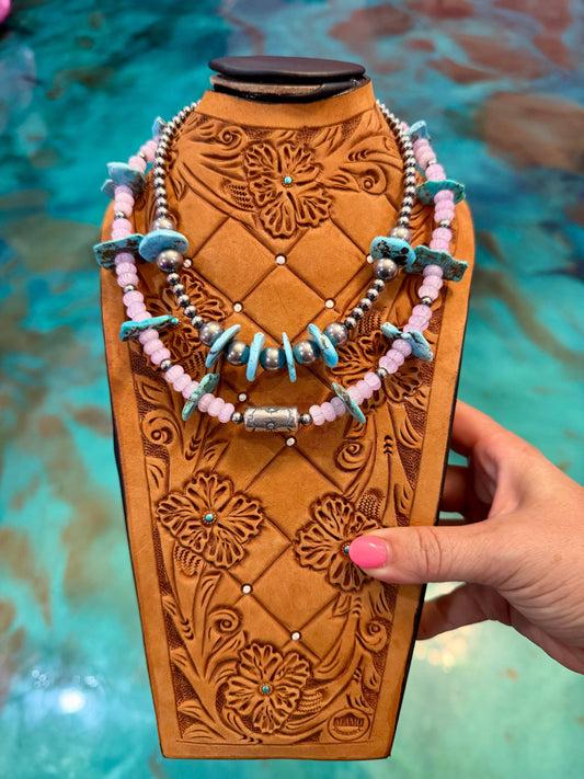 One Time Pieces – Blue Turquoise & Pink Glass Bead Necklaces